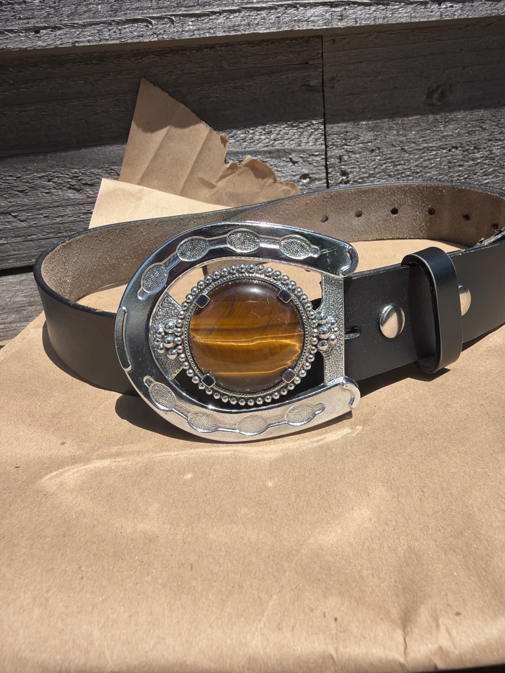 Pre-Owned Western Belt Buckle with Tiger’s-Eye-Style Cabochon