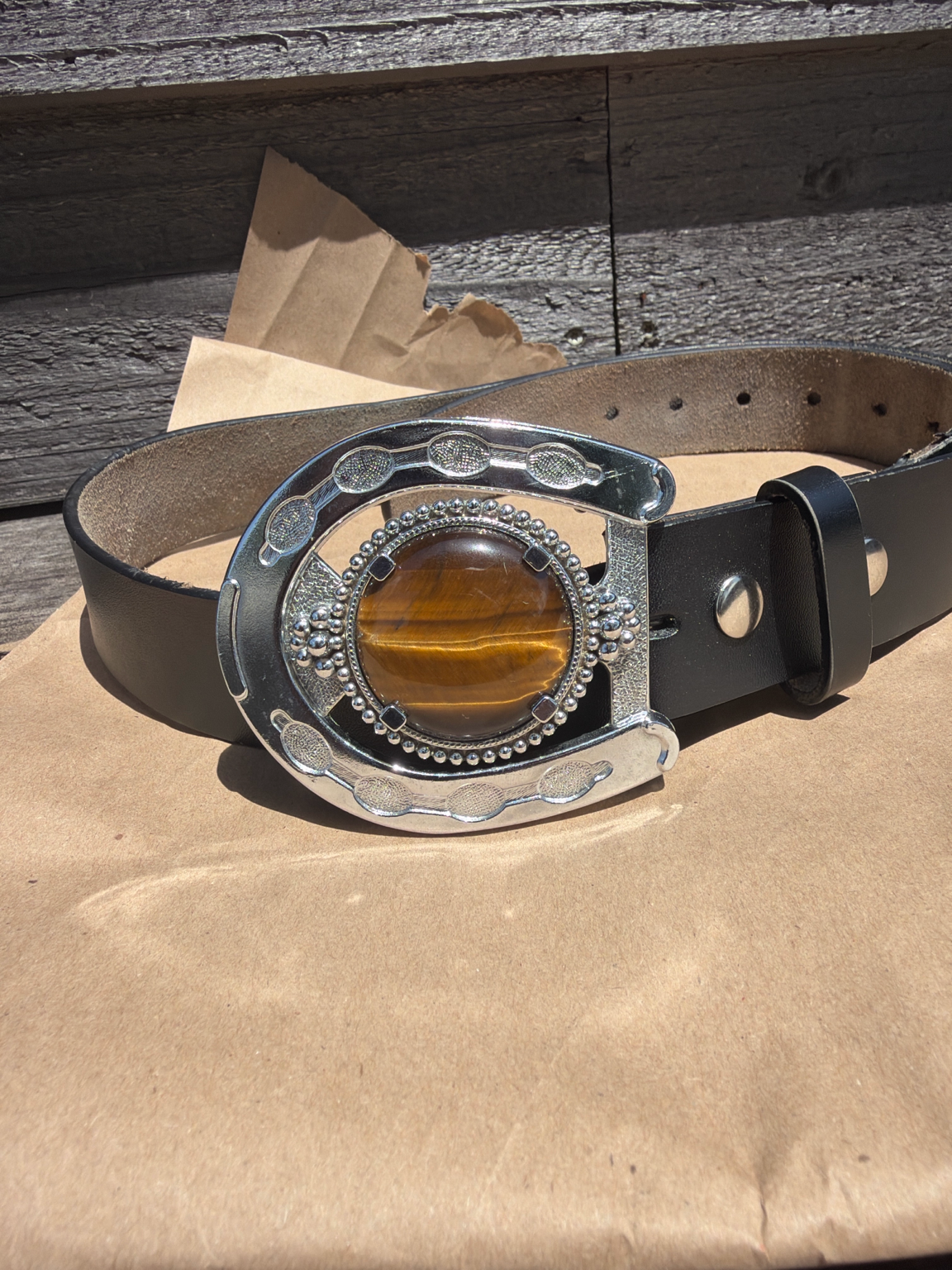 Pre-Owned Western Belt Buckle with Tiger’s-Eye-Style Cabochon