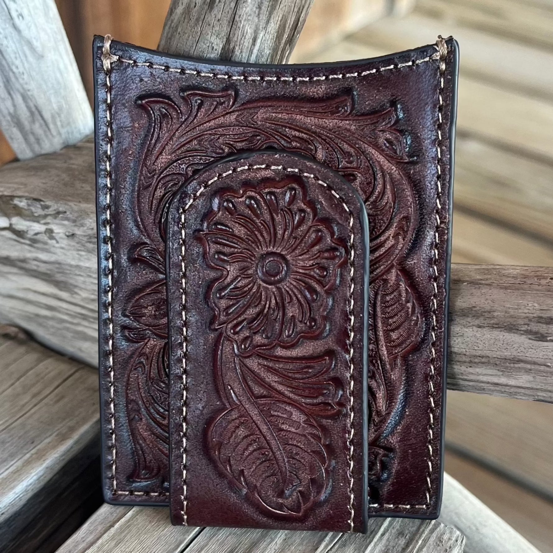 New Ariat Men’s Brown Floral Tooled Leather Money Clip Wallet