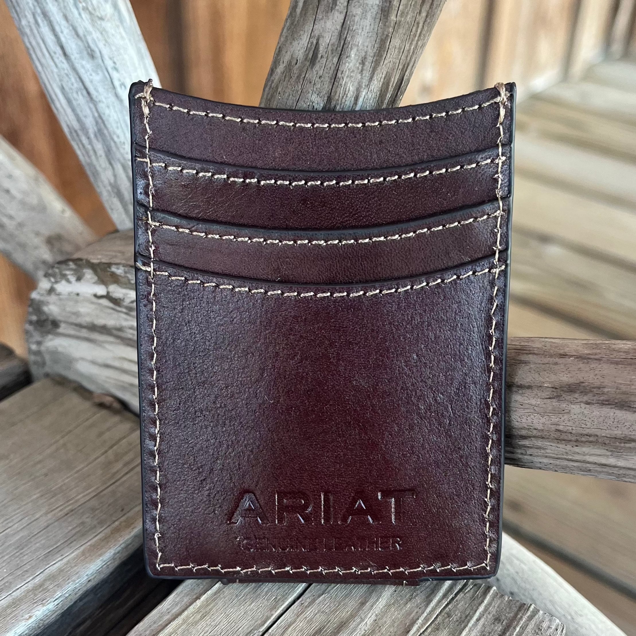 New Ariat Men’s Brown Floral Tooled Leather Money Clip Wallet