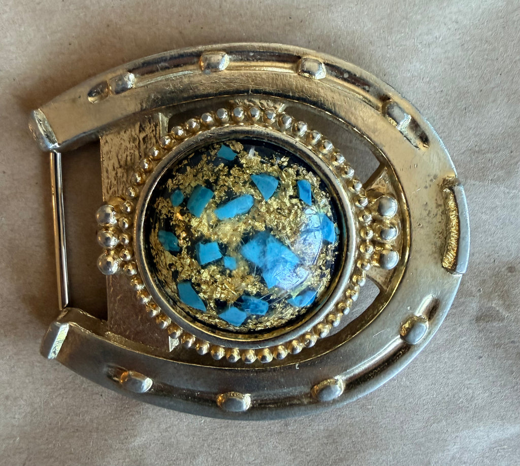 Pre-Owned Gold-Tone Horseshoe Belt Buckle with Turquoise-Color Chip Cabochon