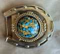 Pre-Owned Gold-Tone Horseshoe Belt Buckle with Turquoise-Color Chip Cabochon