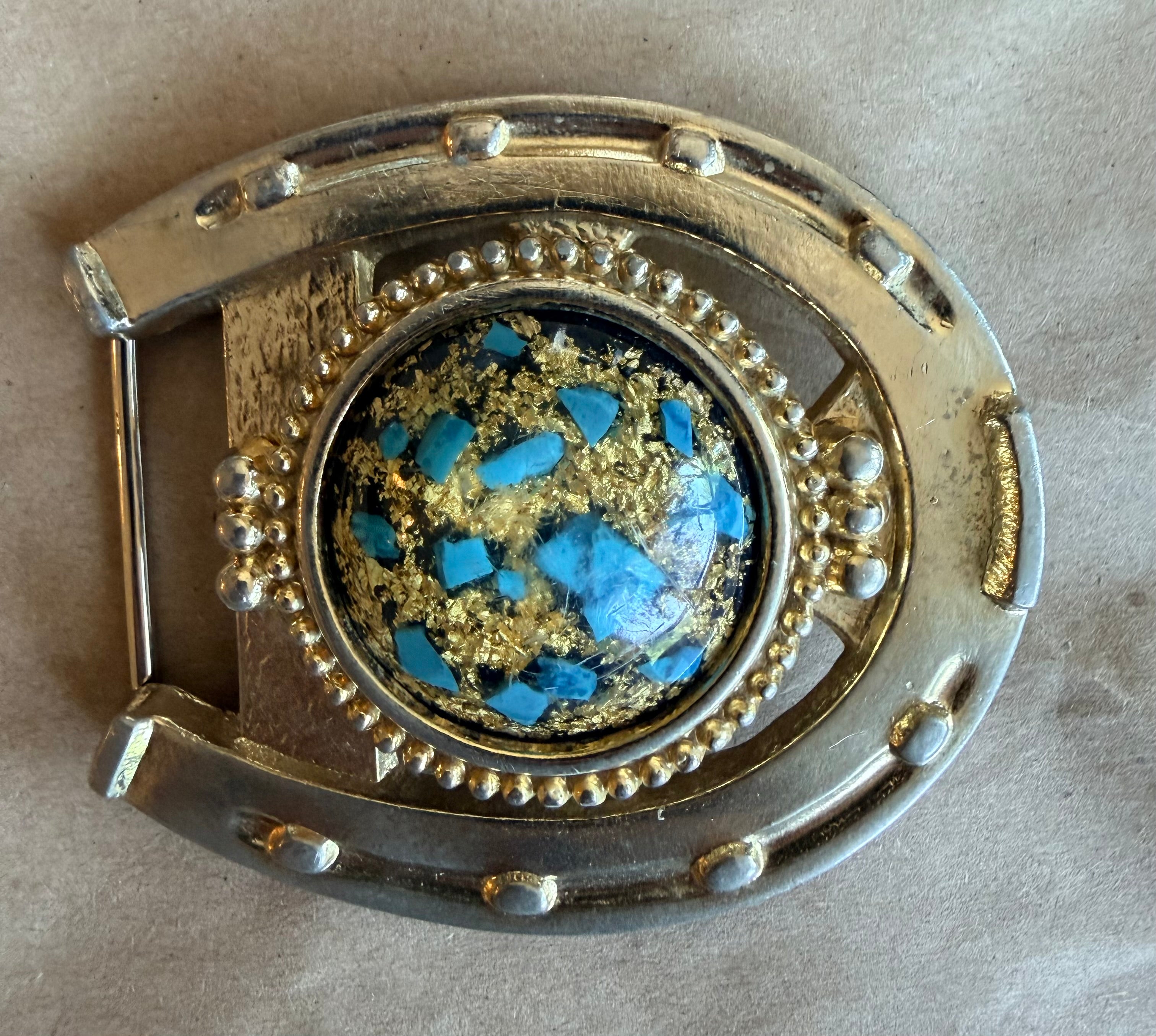 Pre-Owned Gold-Tone Horseshoe Belt Buckle with Turquoise-Color Chip Cabochon