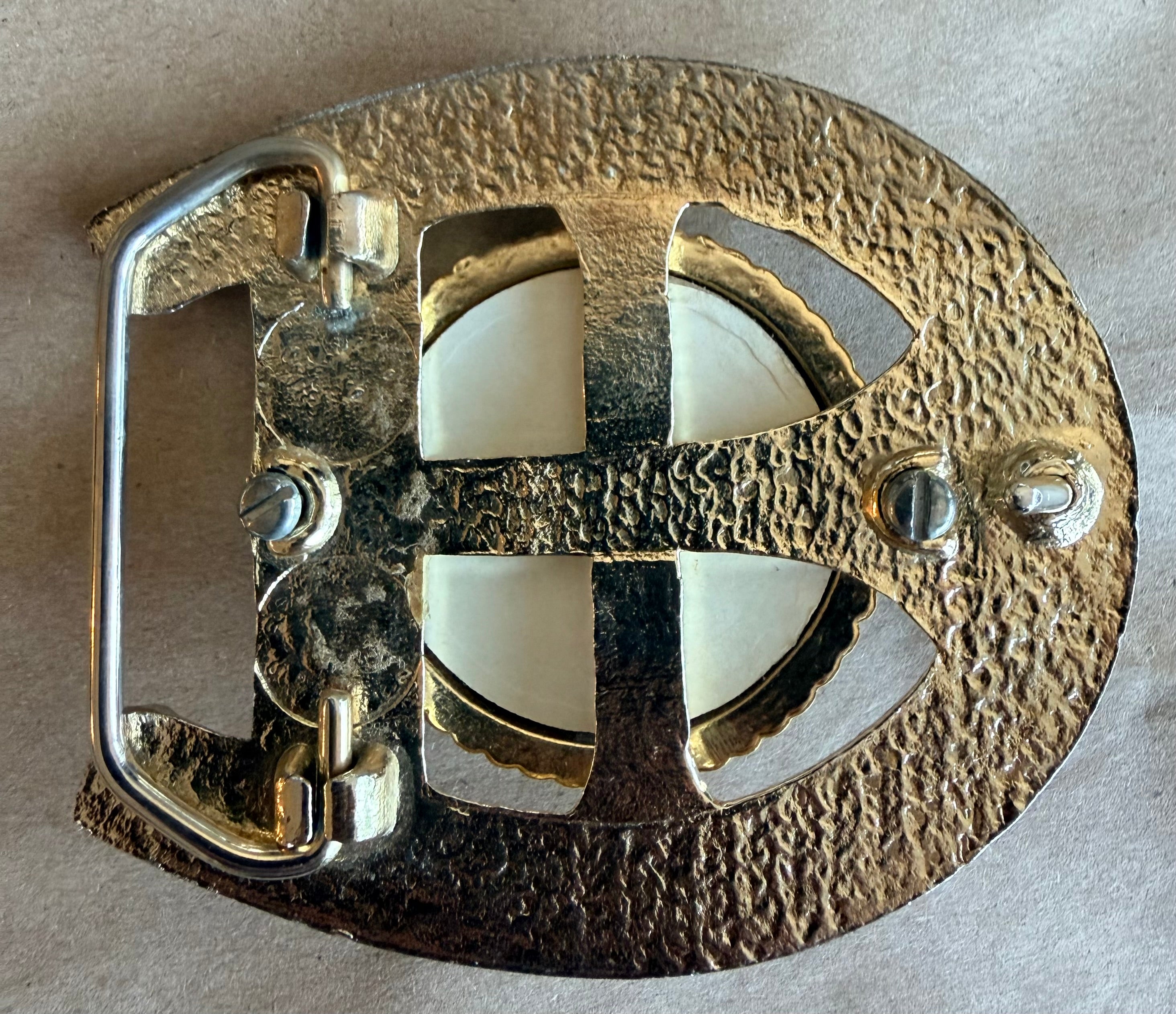 Pre-Owned Gold-Tone Horseshoe Belt Buckle with Turquoise-Color Chip Cabochon