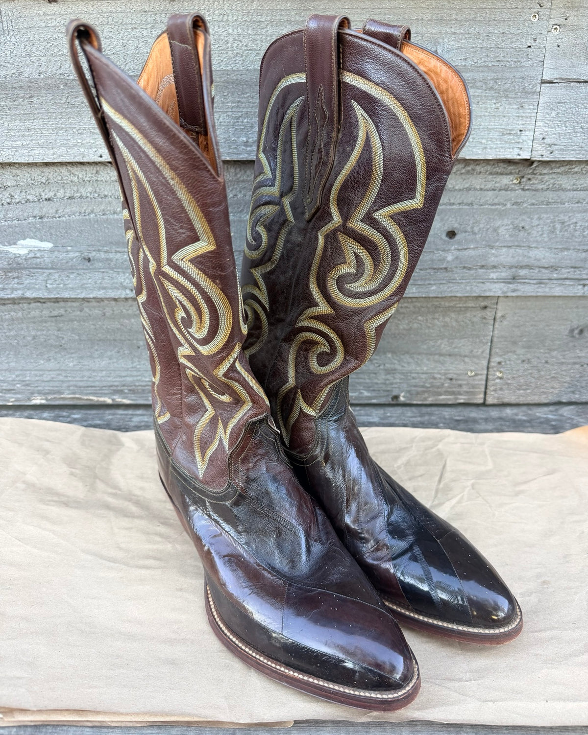 Pre-owned Sheplers patchwork eel cowboy boots, front three-quarter view