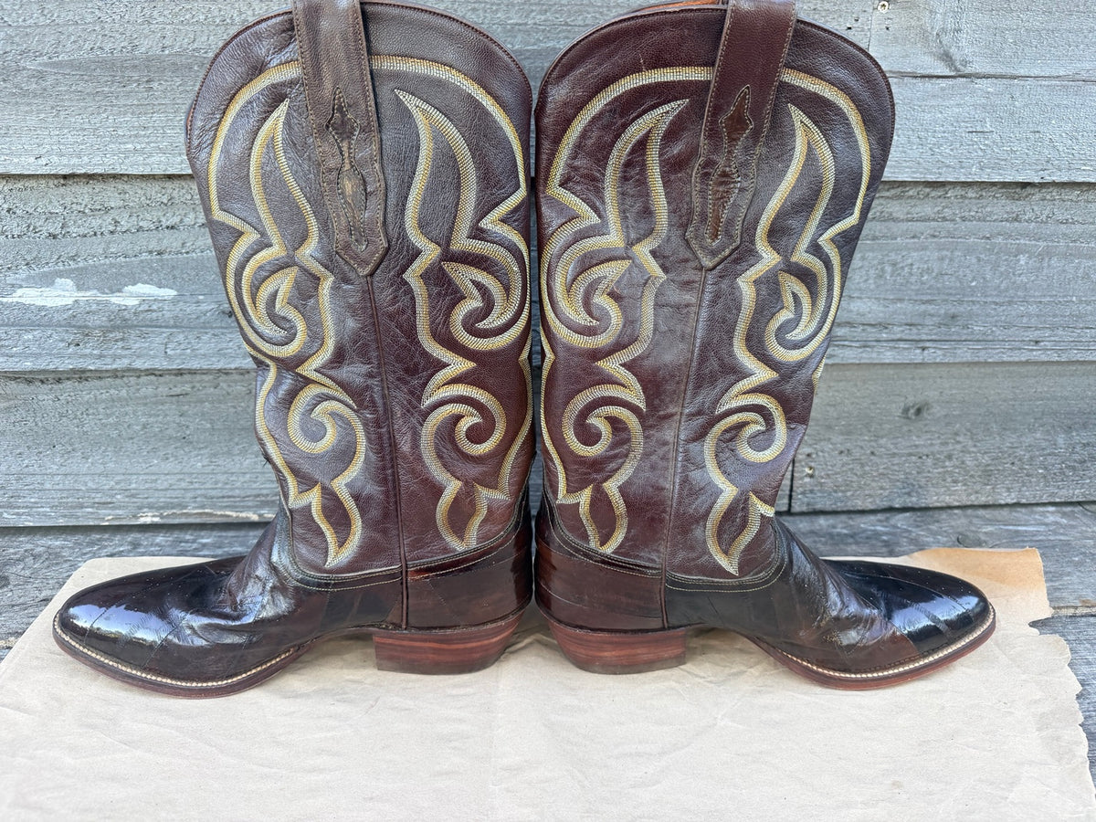 Pre-owned Sheplers patchwork eel cowboy boots, outer side view
