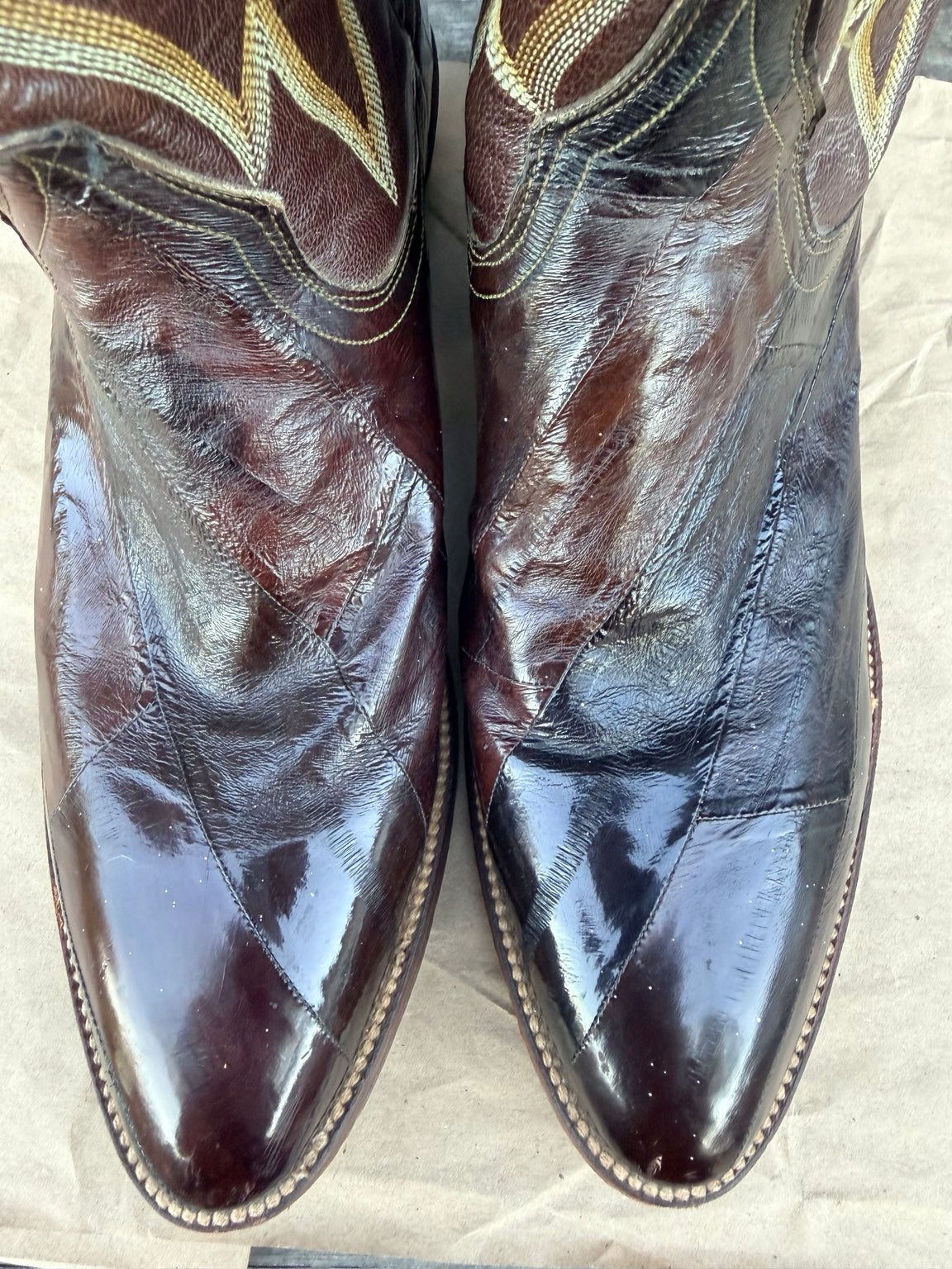 Close-up of patchwork eel leather vamps and toe condition